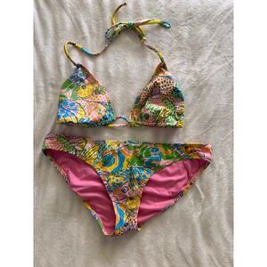 Lilly Pulitzer Bikini Set Pink Tropical Fish Triangle Halter Top Bottoms Small